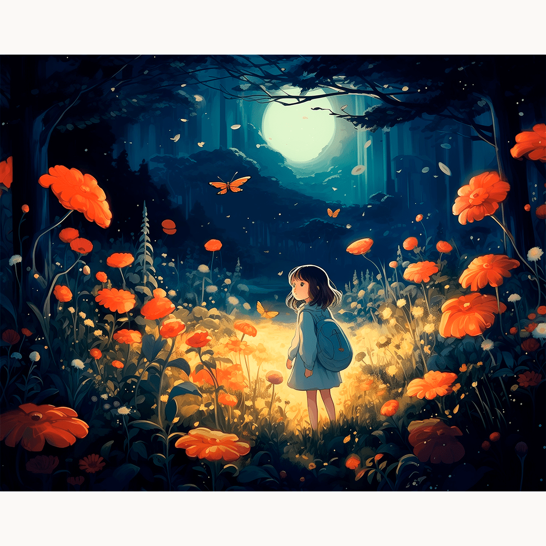A young girl stands in a field of vibrant orange flowers, her small blue dress contrasting with the night sky.