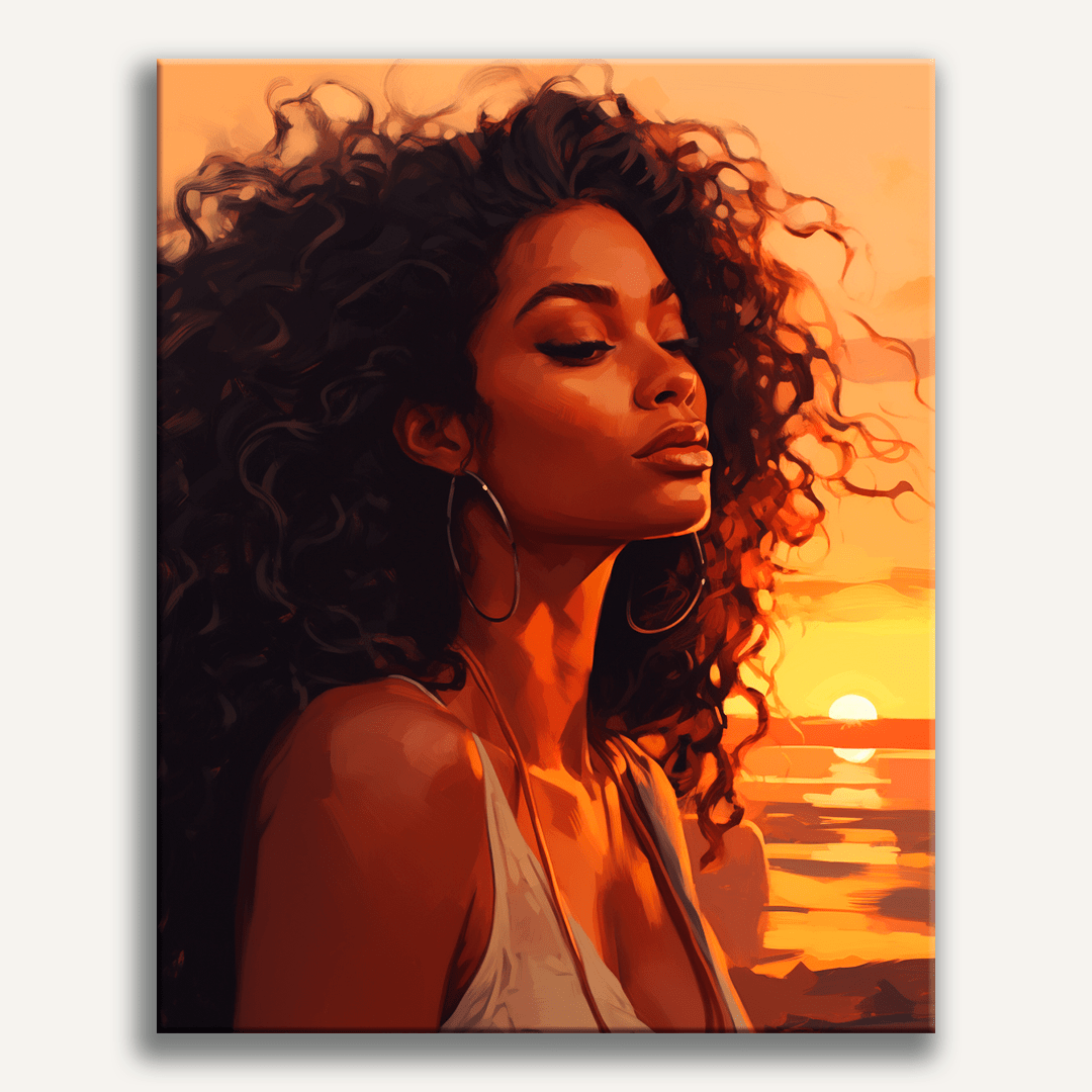 A digital artwork depicts a woman with long hair, wearing large hoop earrings and a tank top, set against a sunset on a beach.