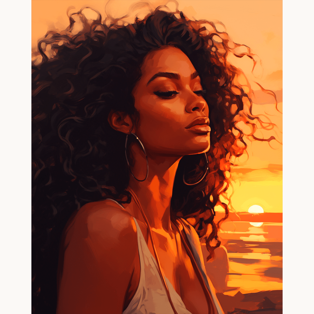 A digital artwork depicts a woman with long hair, wearing large hoop earrings and a tank top, set against a sunset on a beach.