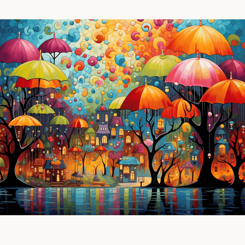 The image presents a whimsical scene of an umbrella-filled village during dusk.
