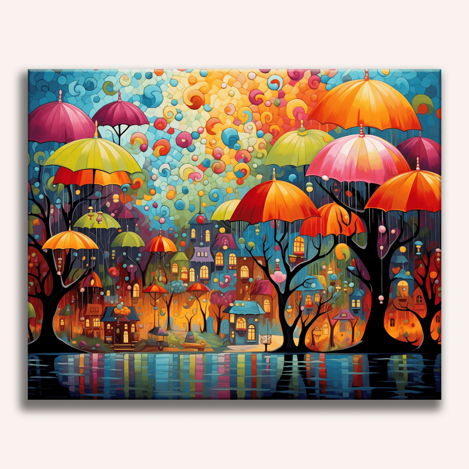 The image presents a whimsical scene of an umbrella-filled village during dusk.