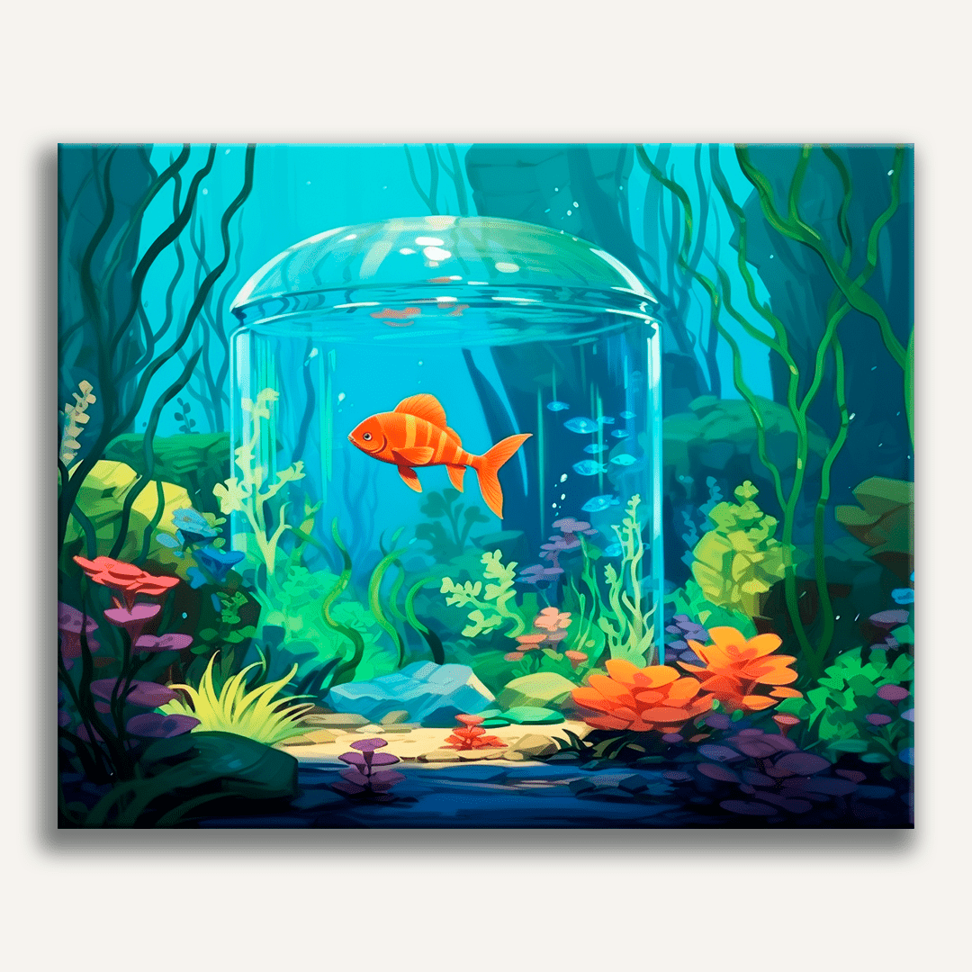 A vivid digital illustration presents a vibrant underwater scene with a large orange fish swimming near a glass bowl.