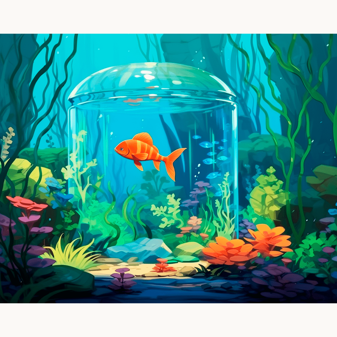 A vivid digital illustration presents a vibrant underwater scene with a large orange fish swimming near a glass bowl.