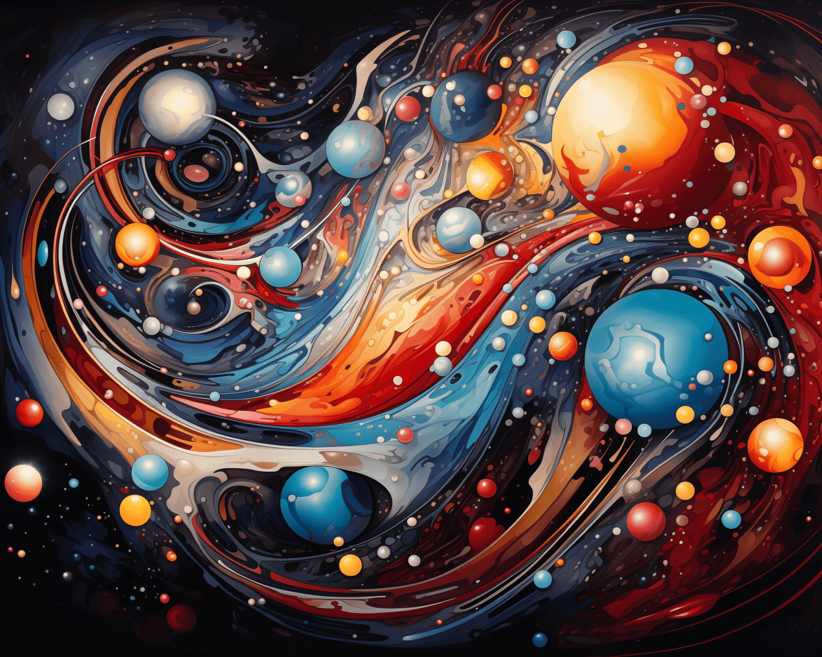 Intricate abstract art with vibrant colors and dynamic patterns featuring a blend of shapes and celestial elements, evoking a sense of cosmic motion..