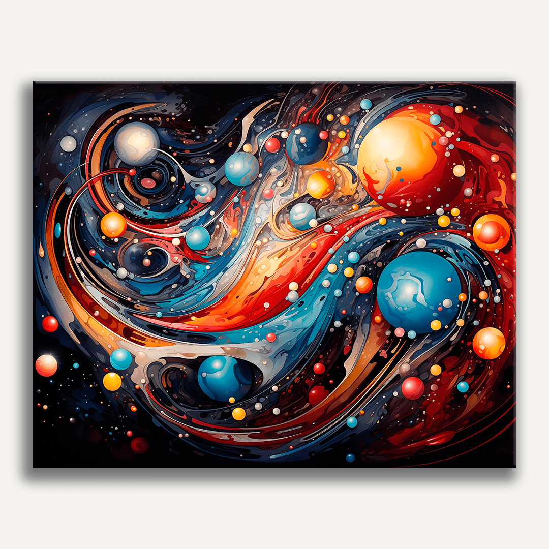 Intricate abstract art with vibrant colors and dynamic patterns featuring a blend of shapes and celestial elements, evoking a sense of cosmic motion..