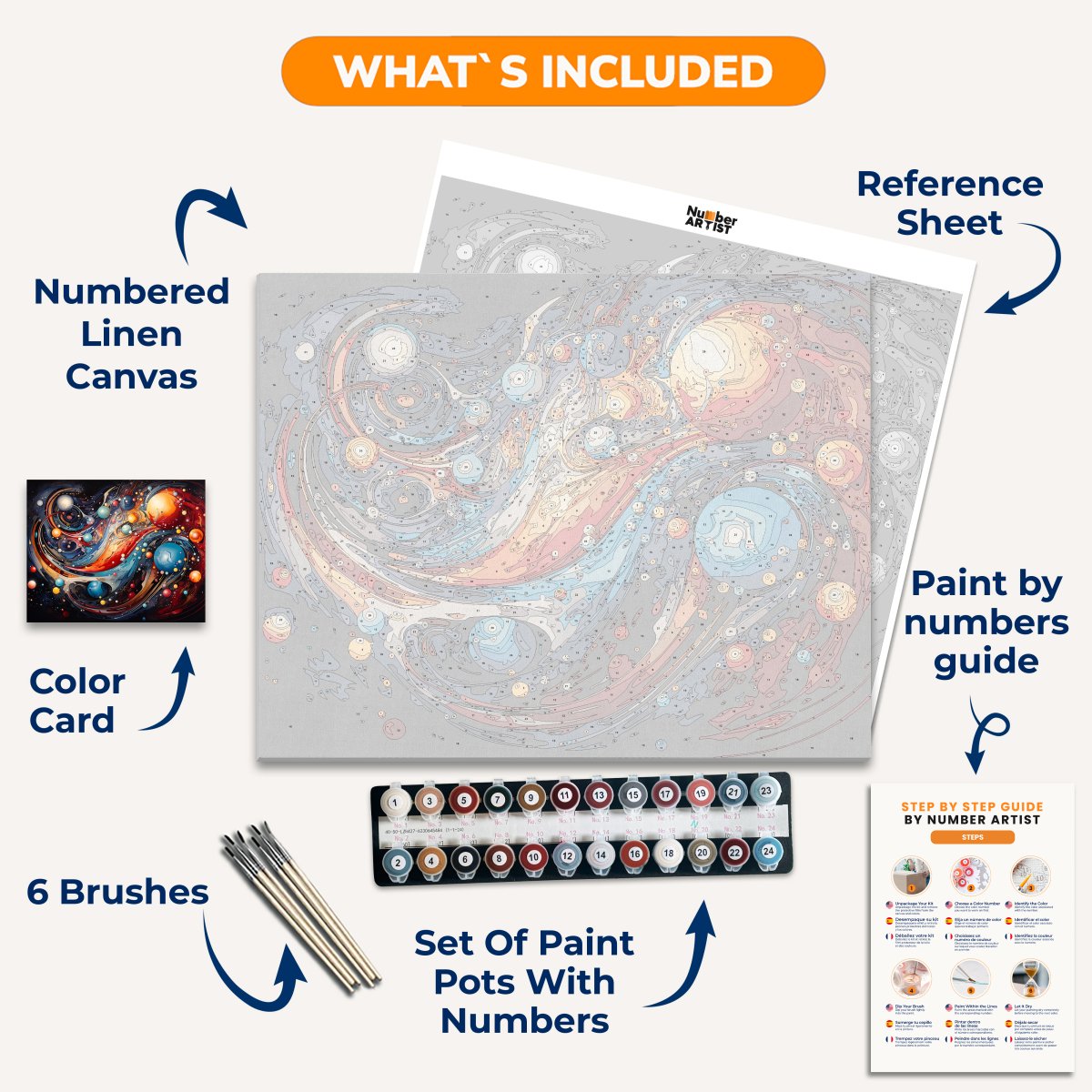 Intricate abstract art with vibrant colors and dynamic patterns featuring a blend of shapes and celestial elements, evoking a sense of cosmic motion..