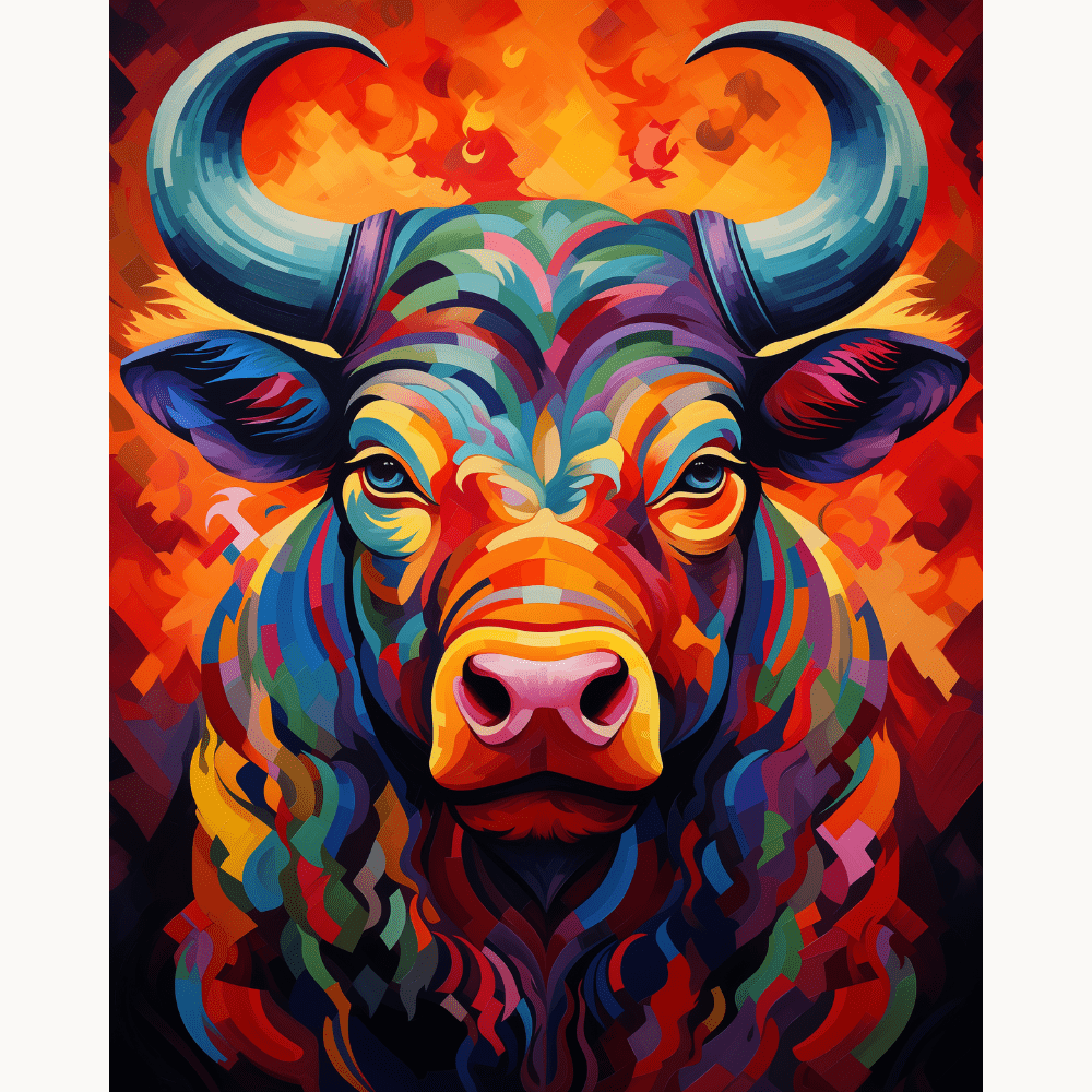 This is a vibrant, colorful poster featuring an illustration of a large, bull-like creature with prominent horns.