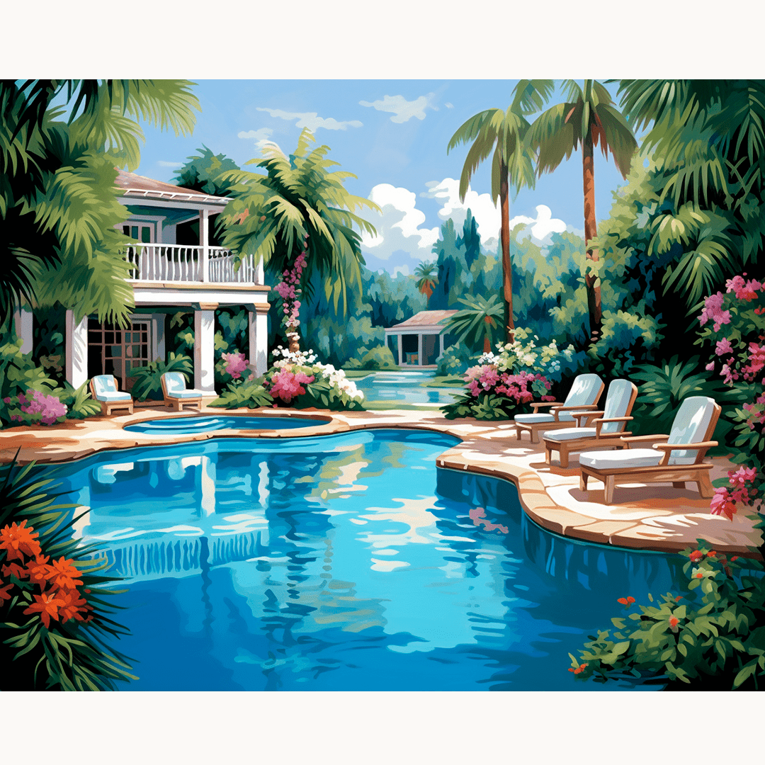 This is a vibrant illustration depicting a tranquil poolside scene.
