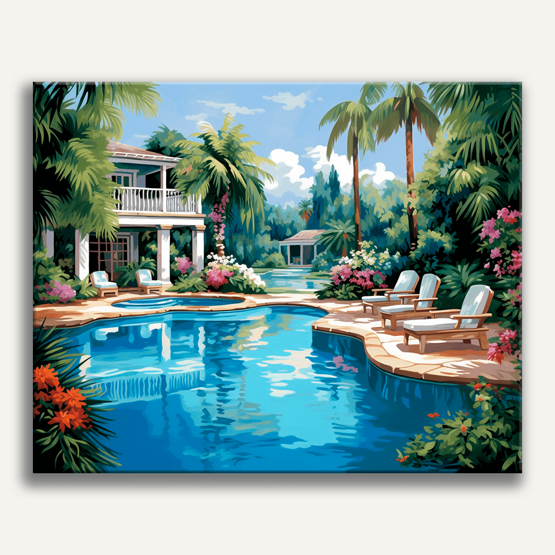 This is a vibrant illustration depicting a tranquil poolside scene.