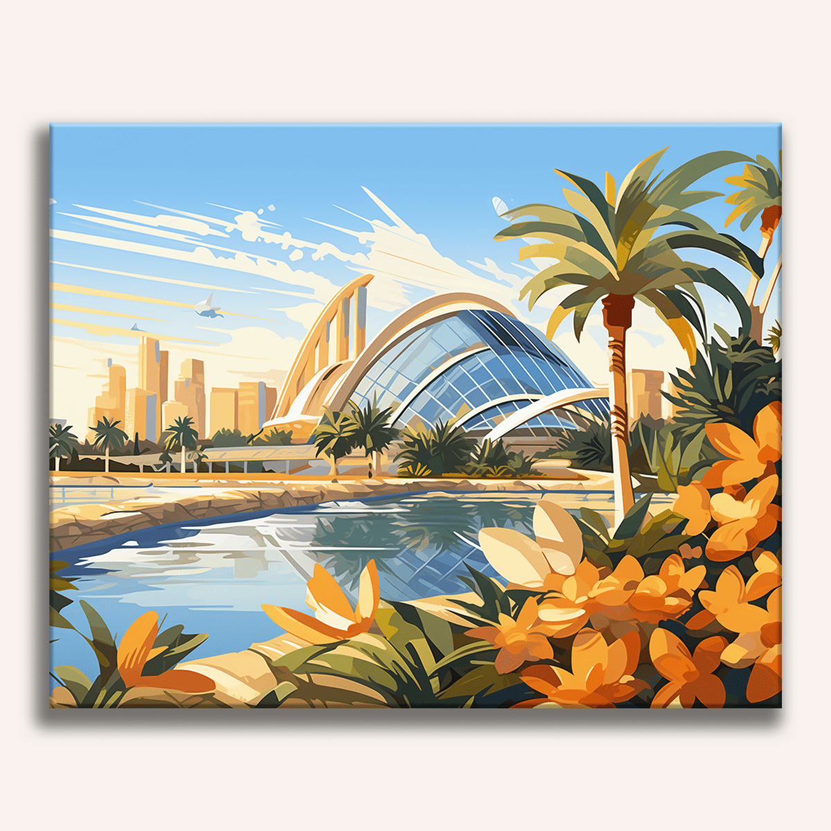 An illustration showcases a cityscape with a modern architectural structure resembling a shell-shaped building with a curved roof, set against a tropical backdrop featuring palm trees and a clear sky..