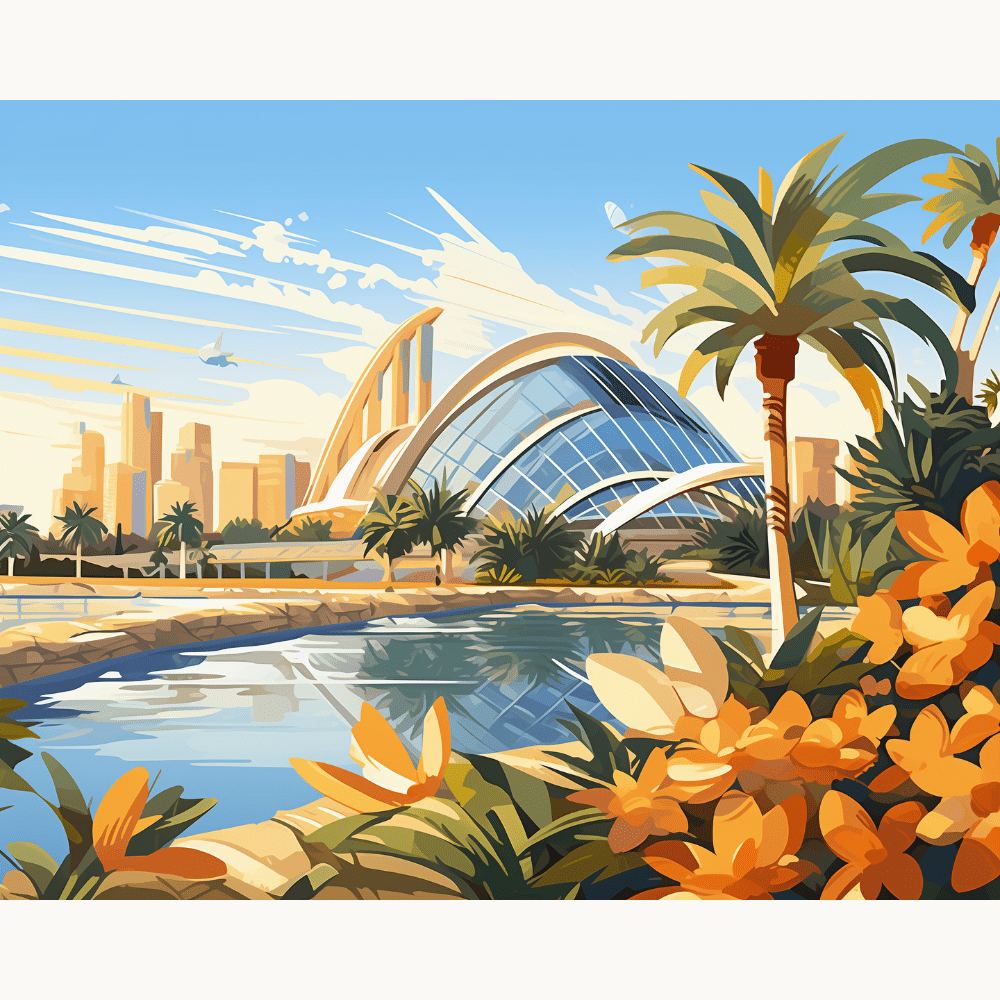 An illustration showcases a cityscape with a modern architectural structure resembling a shell-shaped building with a curved roof, set against a tropical backdrop featuring palm trees and a clear sky..