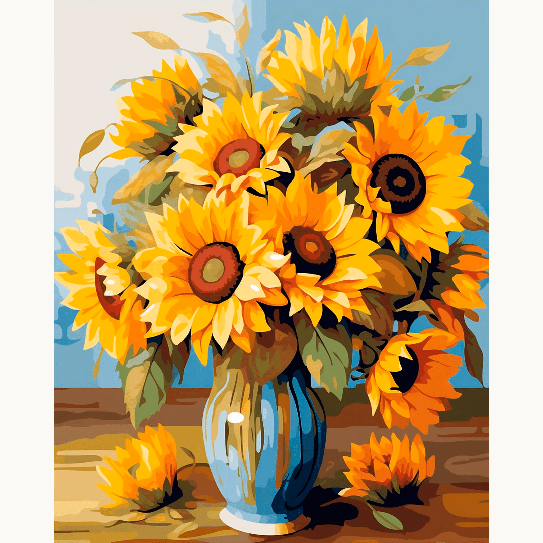 This is a painting depicting a bouquet of bright yellow sunflowers arranged in a vase.