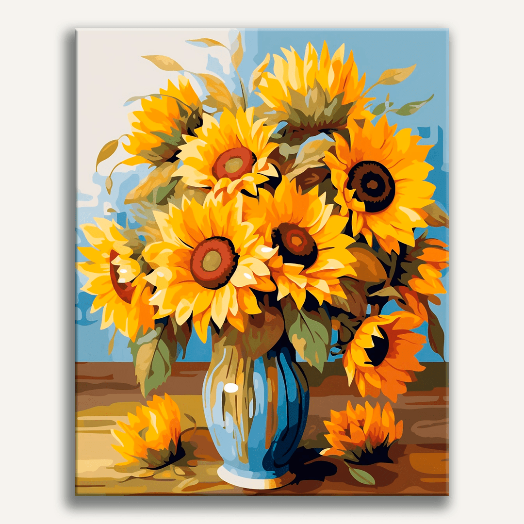 This is a painting depicting a bouquet of bright yellow sunflowers arranged in a vase.