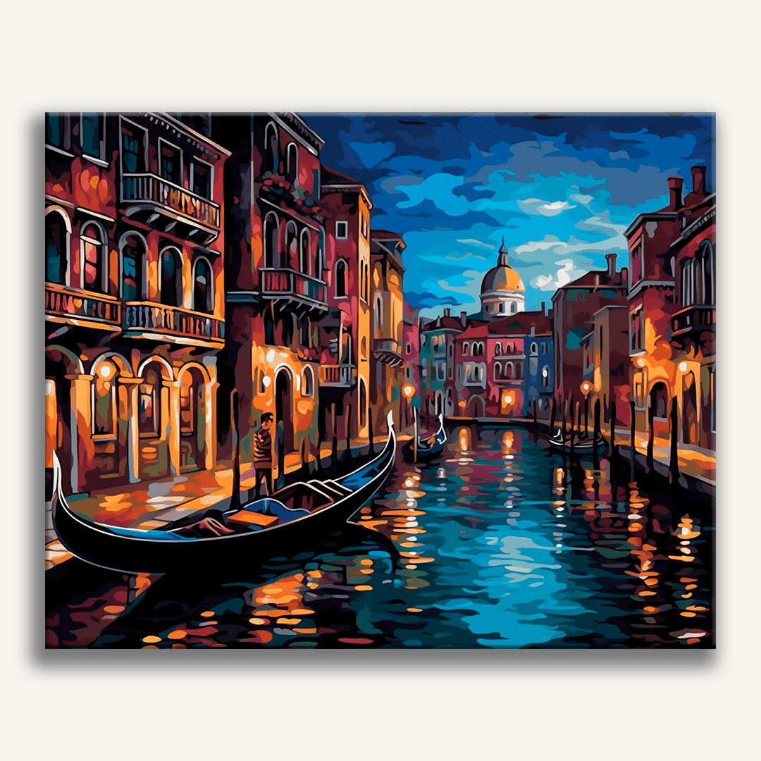 This is a colorful and detailed painting depicting an evening scene on a canal.