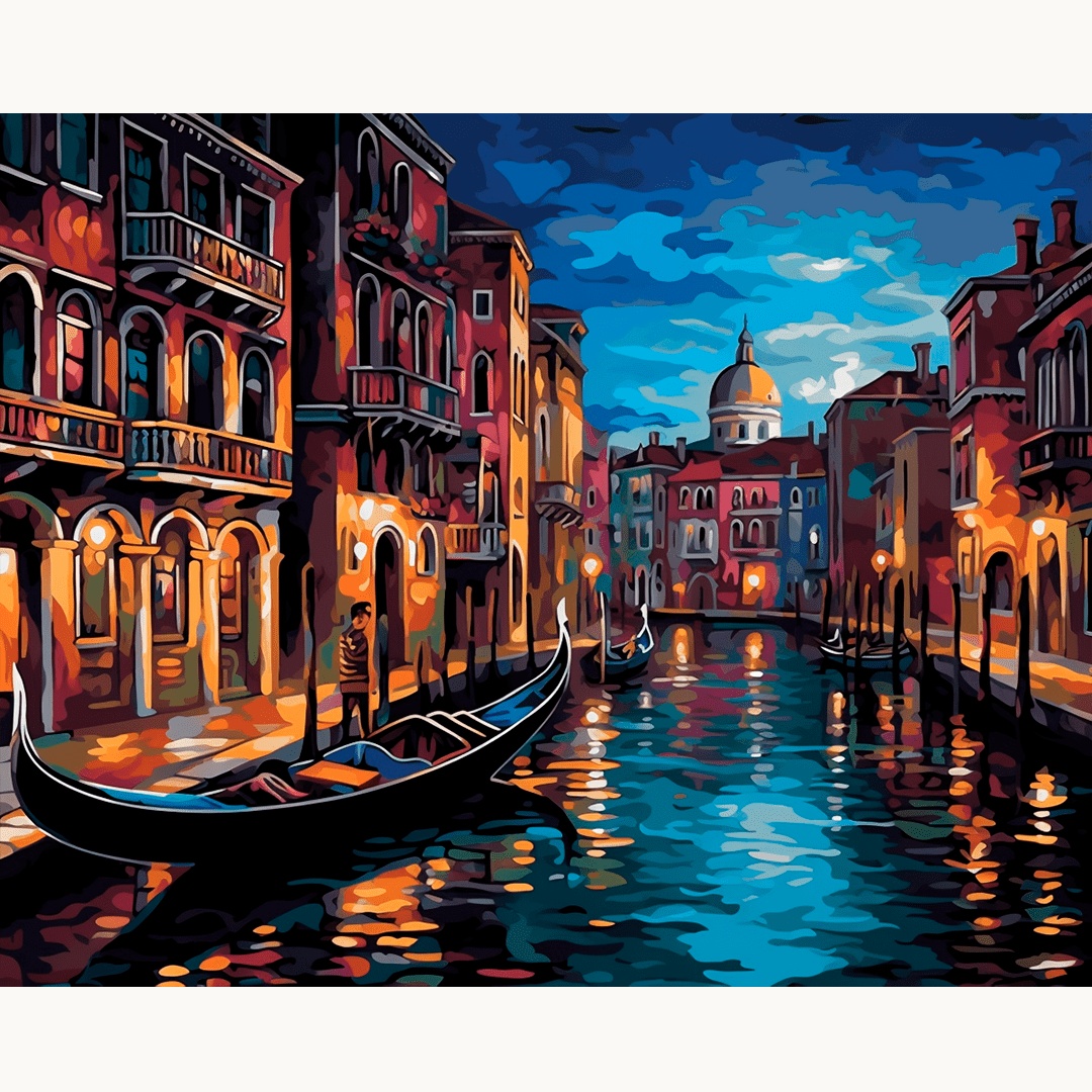 This is a colorful and detailed painting depicting an evening scene on a canal.