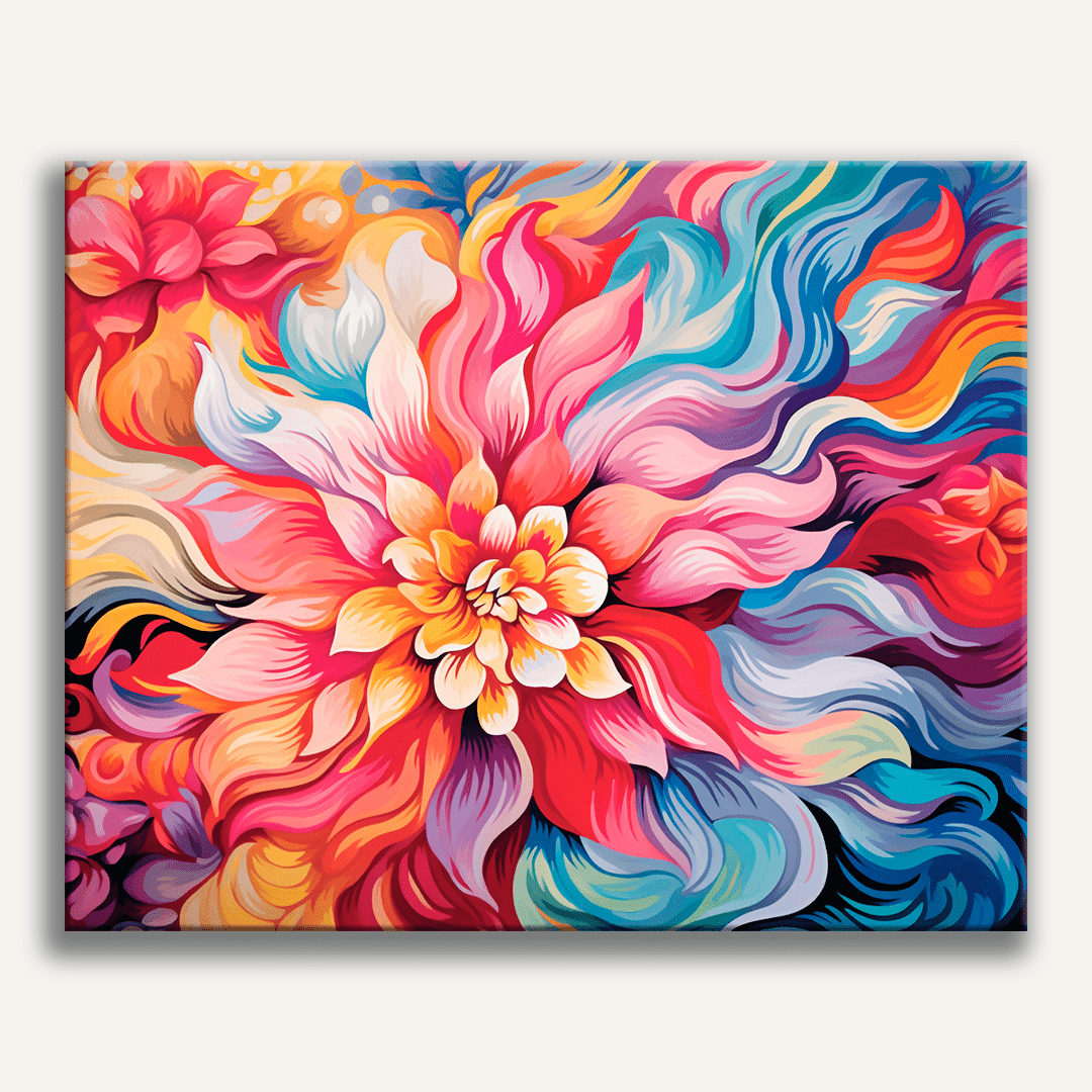 The image presents a vibrant and intricate floral arrangement that dominates the frame.