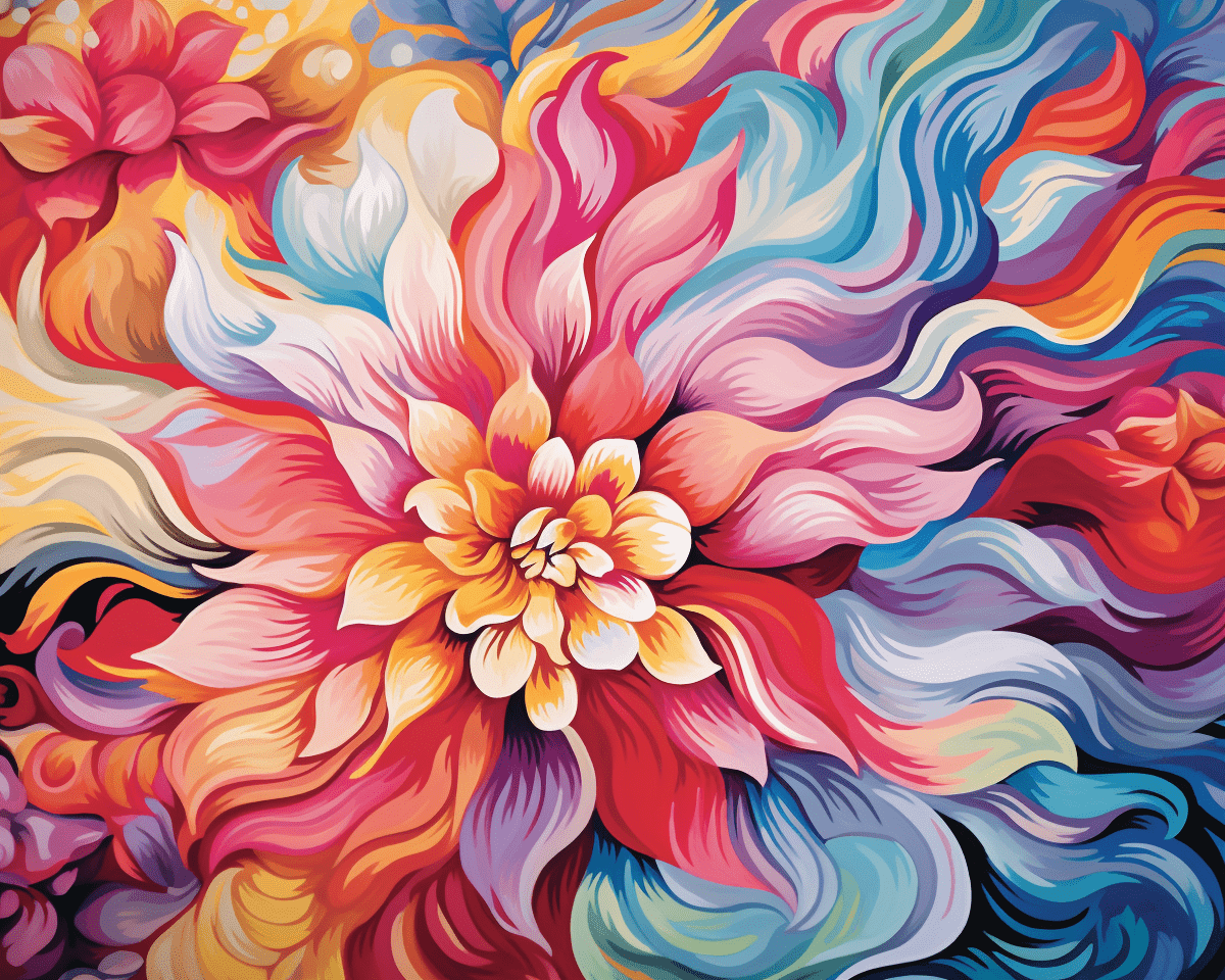 The image presents a vibrant and intricate floral arrangement that dominates the frame.