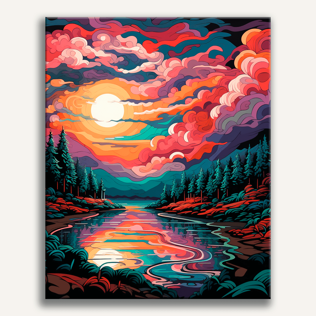 The image depicts a tranquil nighttime scene featuring a river.