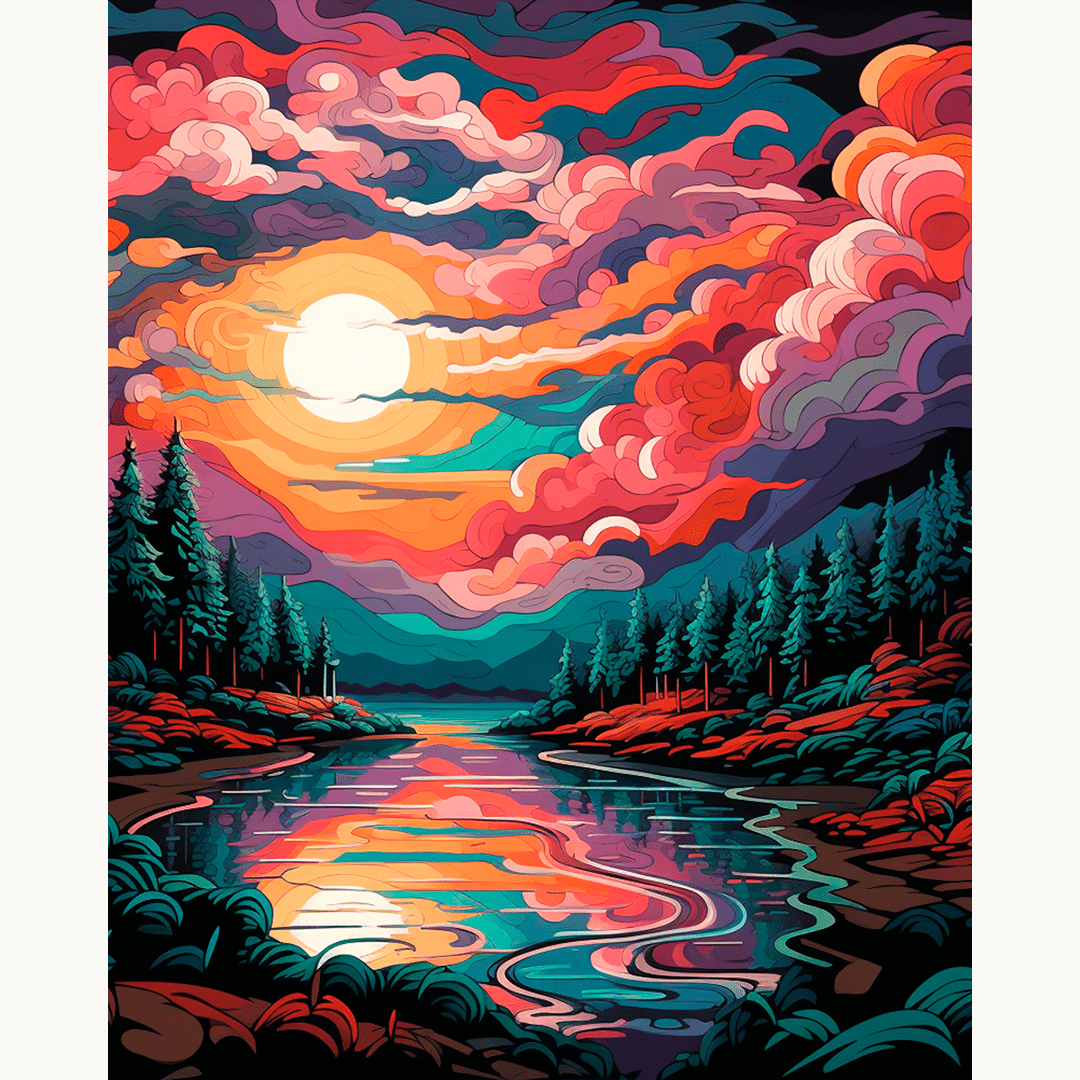 The image depicts a tranquil nighttime scene featuring a river.