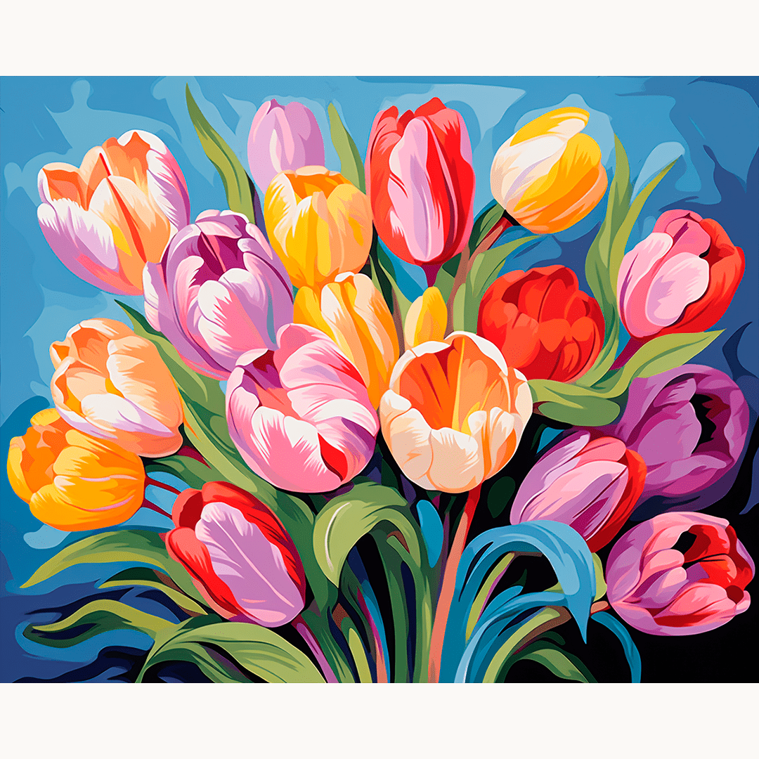 A vibrant bouquet of tulips in full bloom against a blue background.