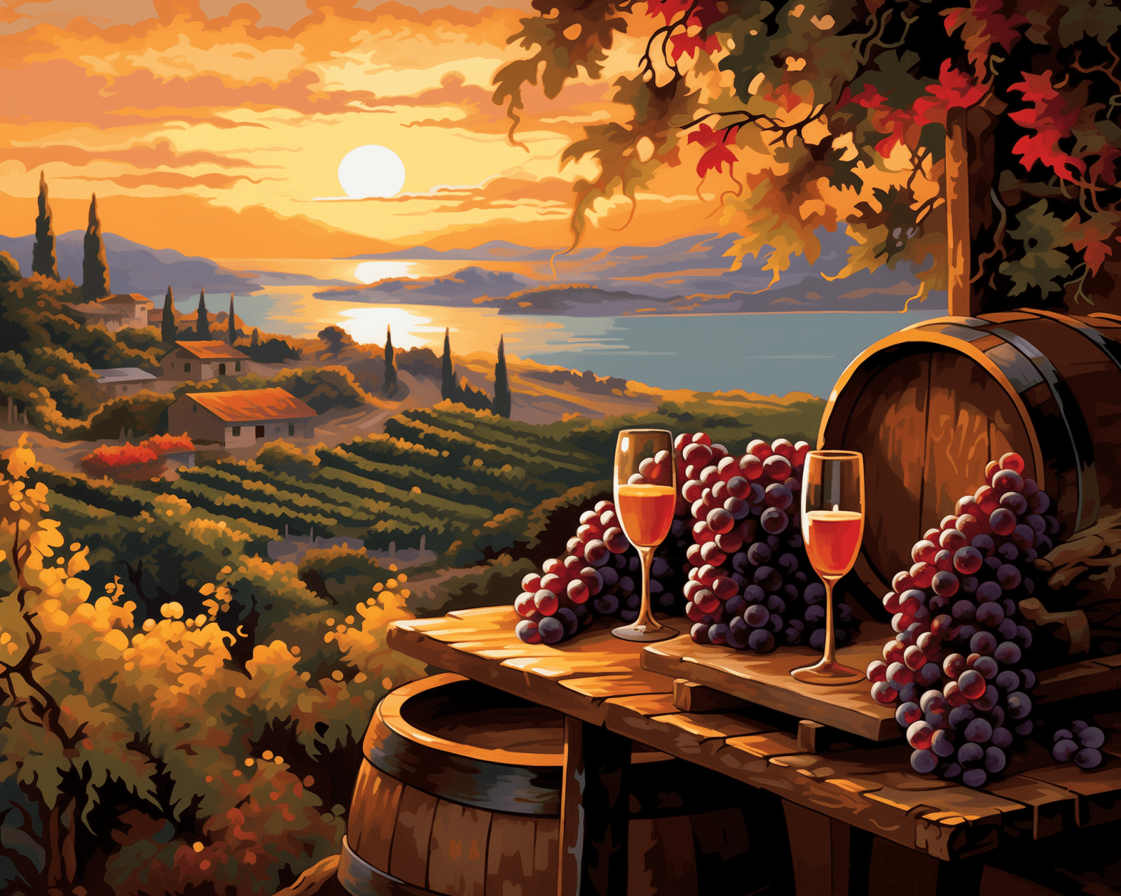 A vibrant and colorful artwork depicts a serene winery scene at sunset.
