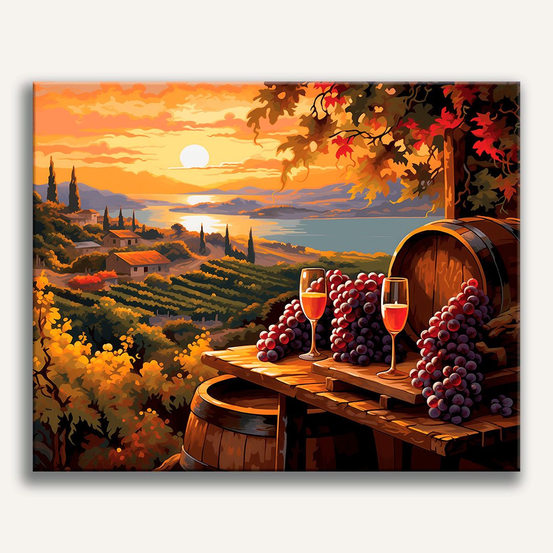 A vibrant and colorful artwork depicts a serene winery scene at sunset.
