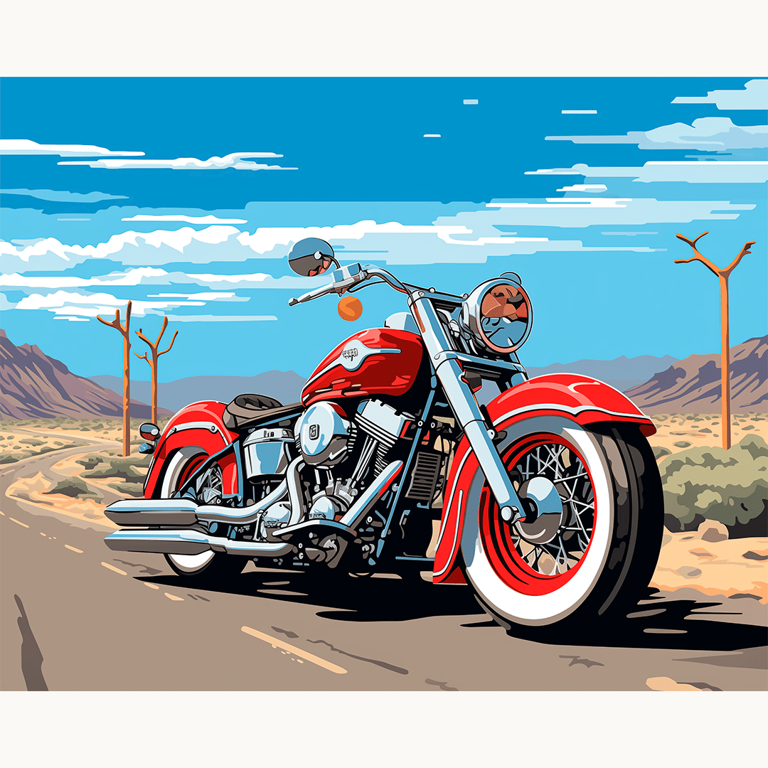 A digital illustration showcases a classic red and white motorcycle parked on a desert road, with a backdrop of clear blue sky and distant mountains..