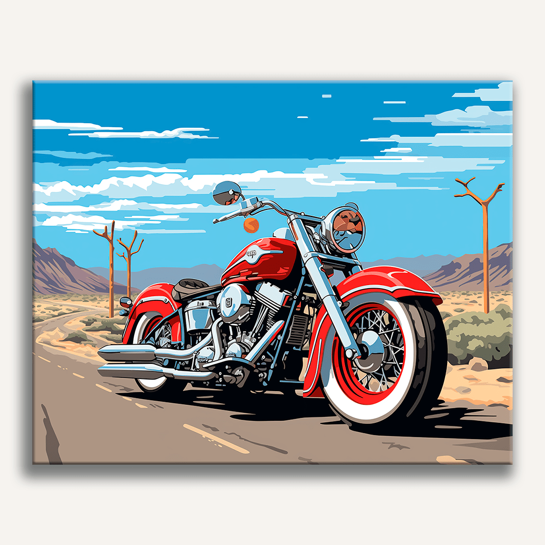 A digital illustration showcases a classic red and white motorcycle parked on a desert road, with a backdrop of clear blue sky and distant mountains..