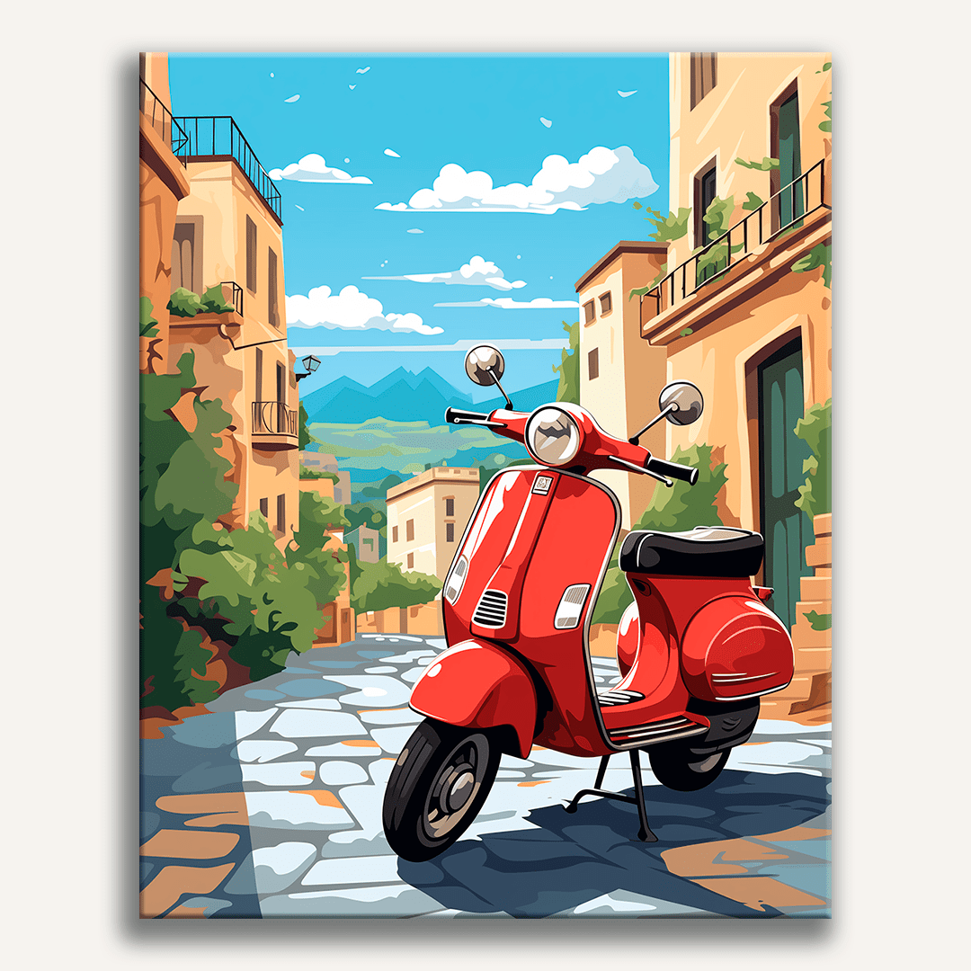 A colorful illustration showcases a vibrant red Vespa motor scooter parked on a cobblestone street amidst buildings typical of Mediterranean architecture.