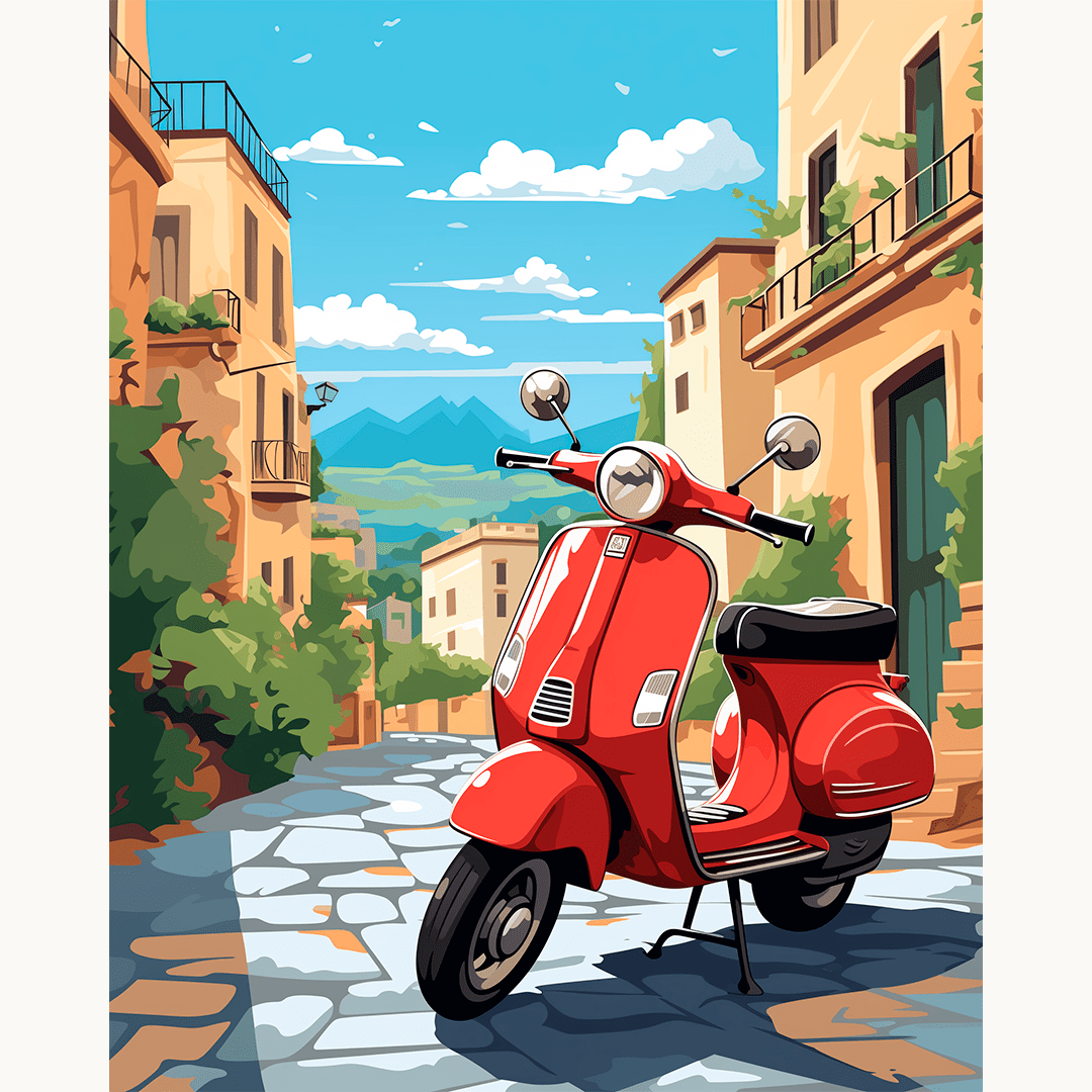 A colorful illustration showcases a vibrant red Vespa motor scooter parked on a cobblestone street amidst buildings typical of Mediterranean architecture.