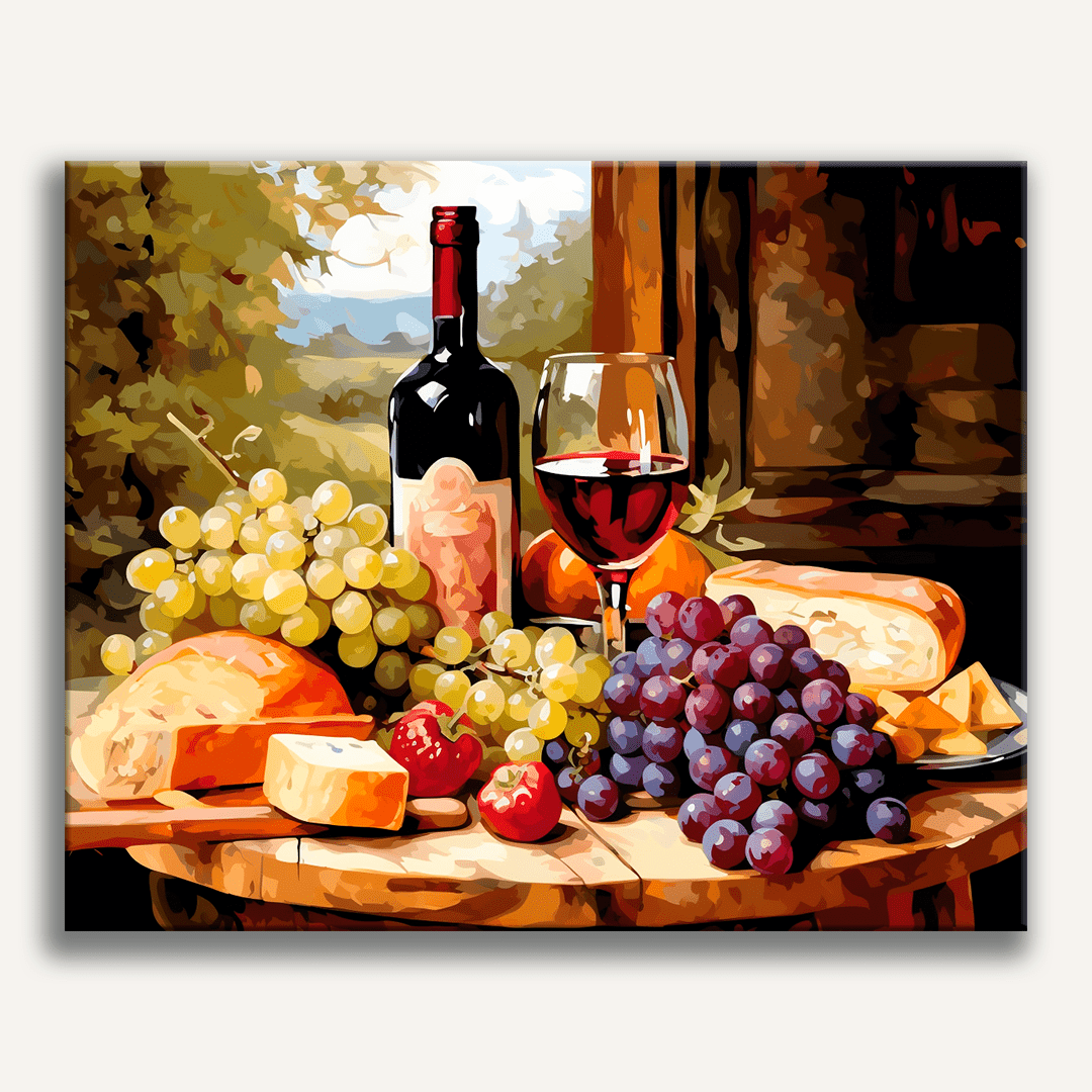 A poster depicts a round wooden table set against a backdrop of greenery and a building facade.