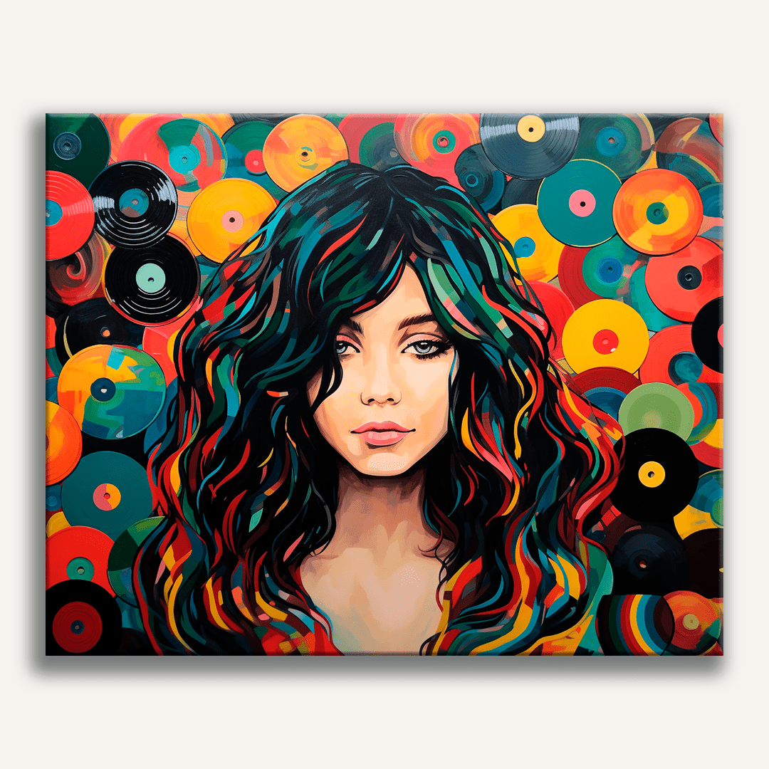 The image showcases a woman's portrait displayed on a colorful vinyl record backdrop.