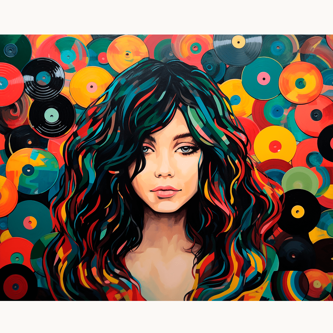 The image showcases a woman's portrait displayed on a colorful vinyl record backdrop.