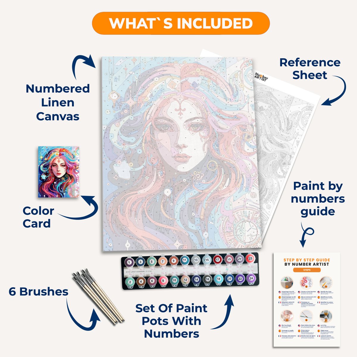 A vibrant digital art print featuring a female figure with long hair and striking makeup.