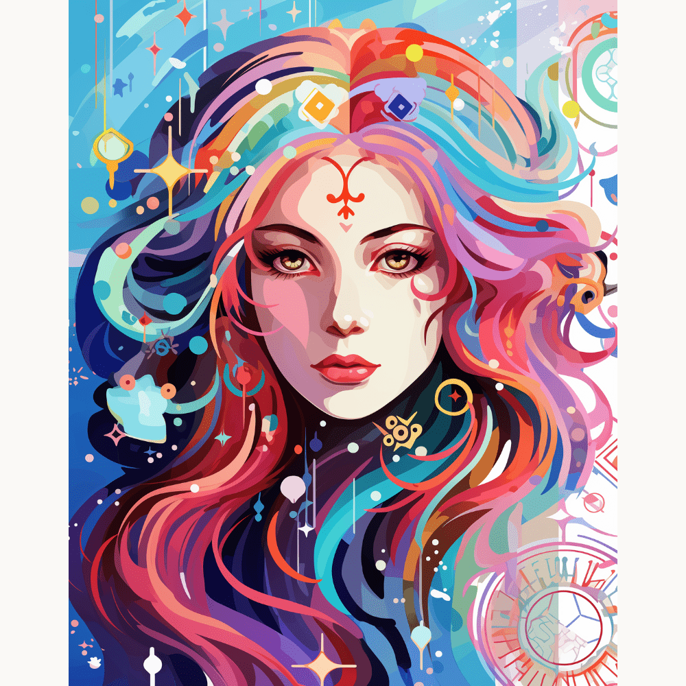 A vibrant digital art print featuring a female figure with long hair and striking makeup.