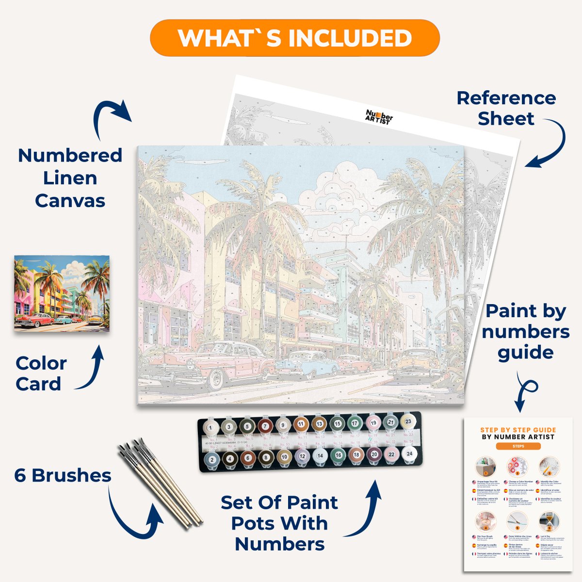 This is a vibrant and detailed painting that depicts an iconic Miami beach scene.