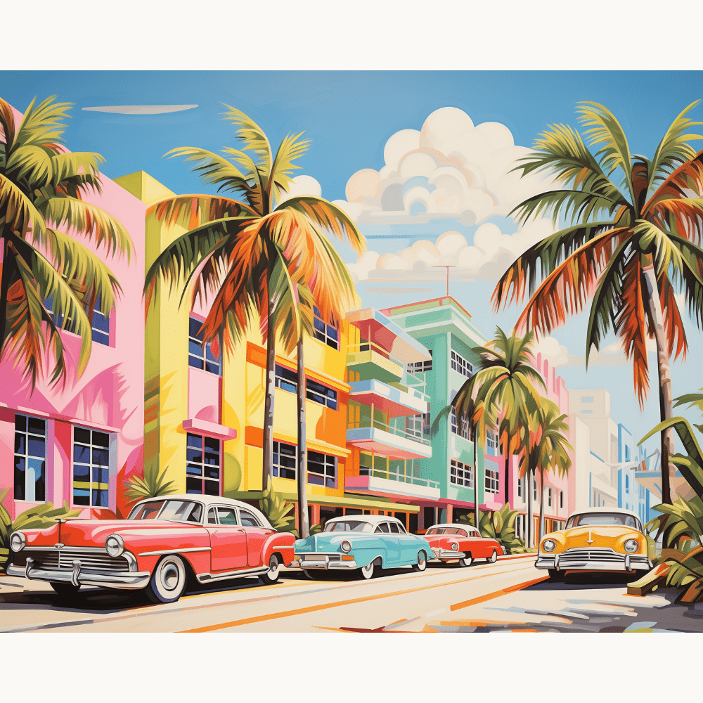 This is a vibrant and detailed painting that depicts an iconic Miami beach scene.