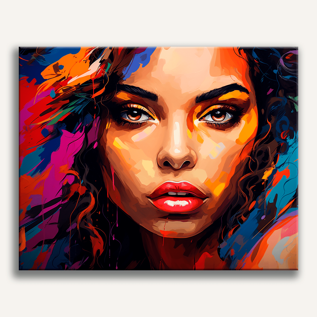 A vibrant portrait of a woman's face against an abstract background, characterized by colorful streaks and splatters that give it a dynamic and artistic feel..