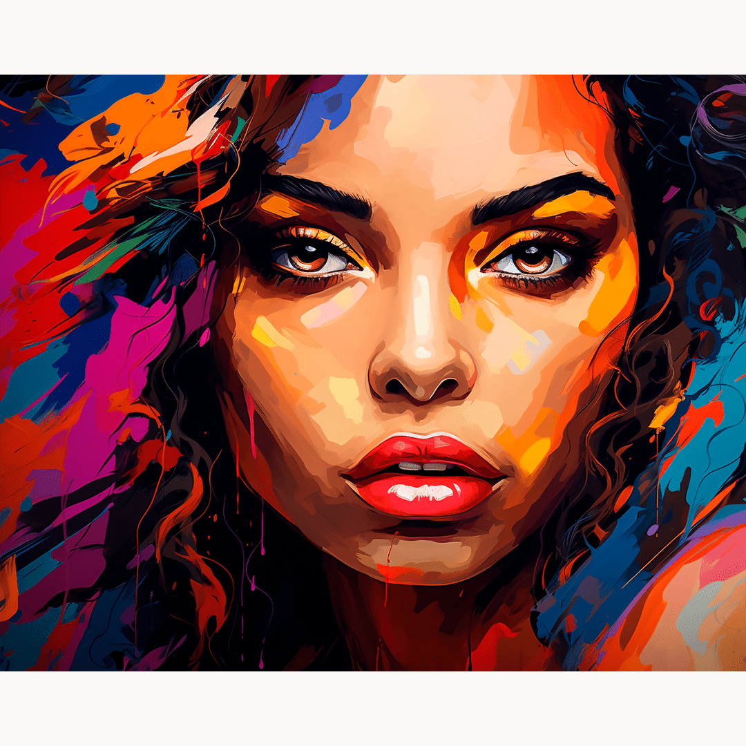 A vibrant portrait of a woman's face against an abstract background, characterized by colorful streaks and splatters that give it a dynamic and artistic feel..