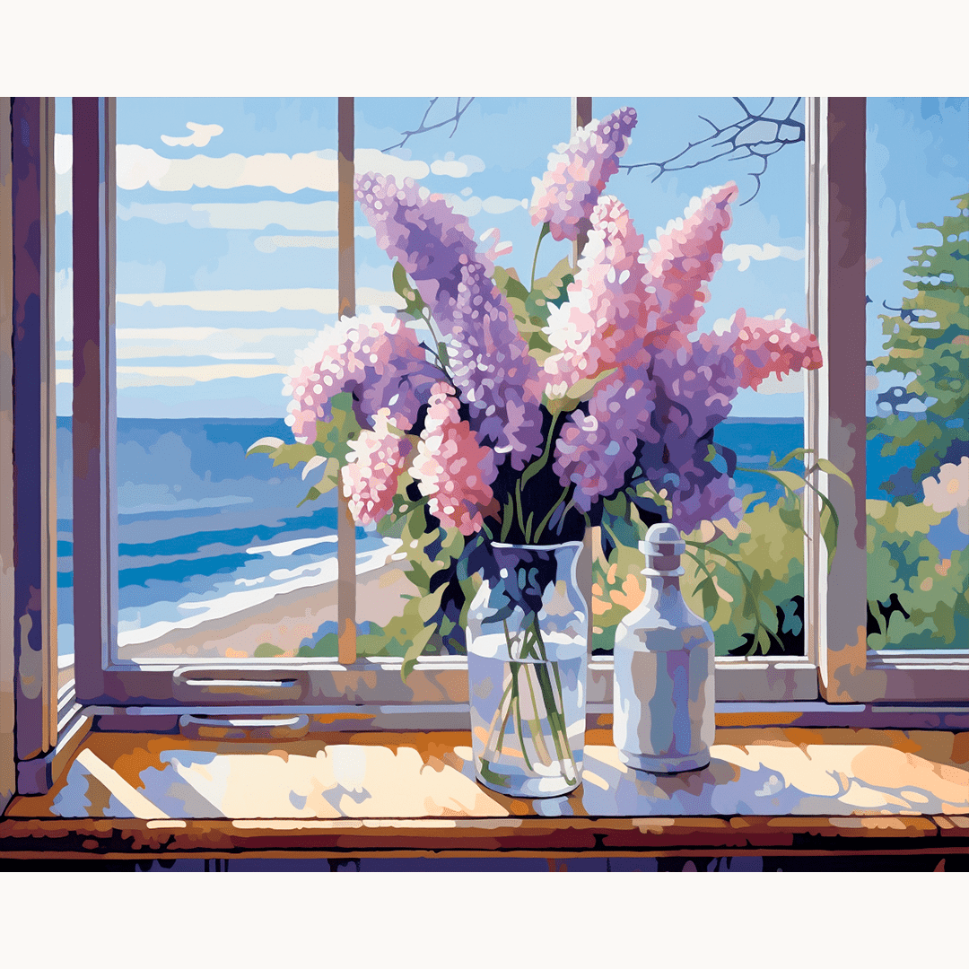 The image showcases a serene coastal scene viewed from inside a house.