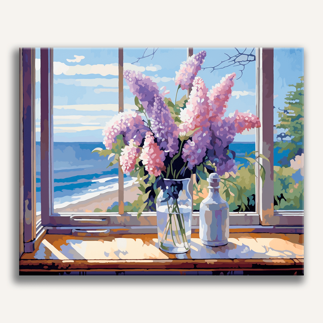 The image showcases a serene coastal scene viewed from inside a house.