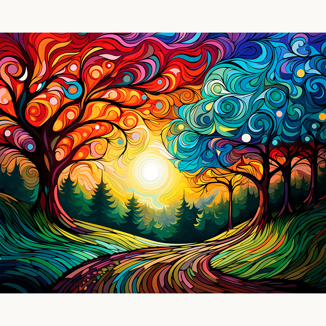 The image depicts a vibrant and colorful landscape scene.