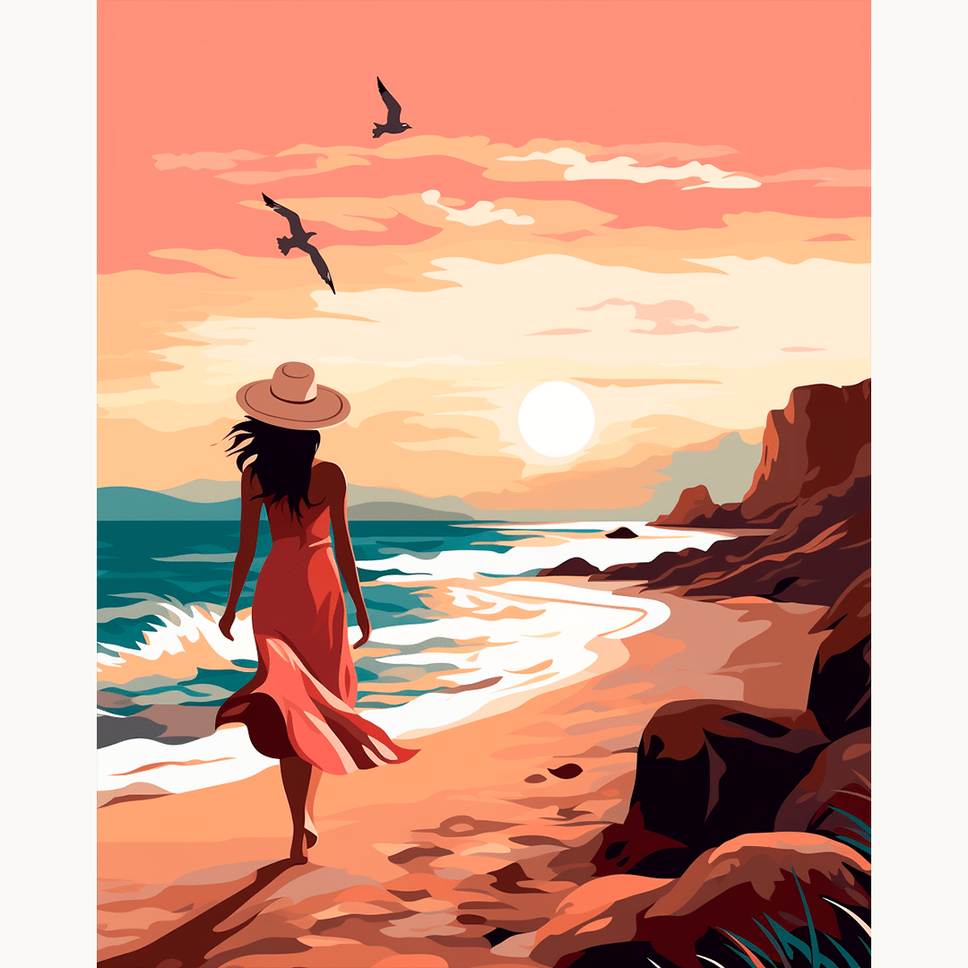 An illustration features a young woman walking along a sandy beach towards the sea at sunset.
