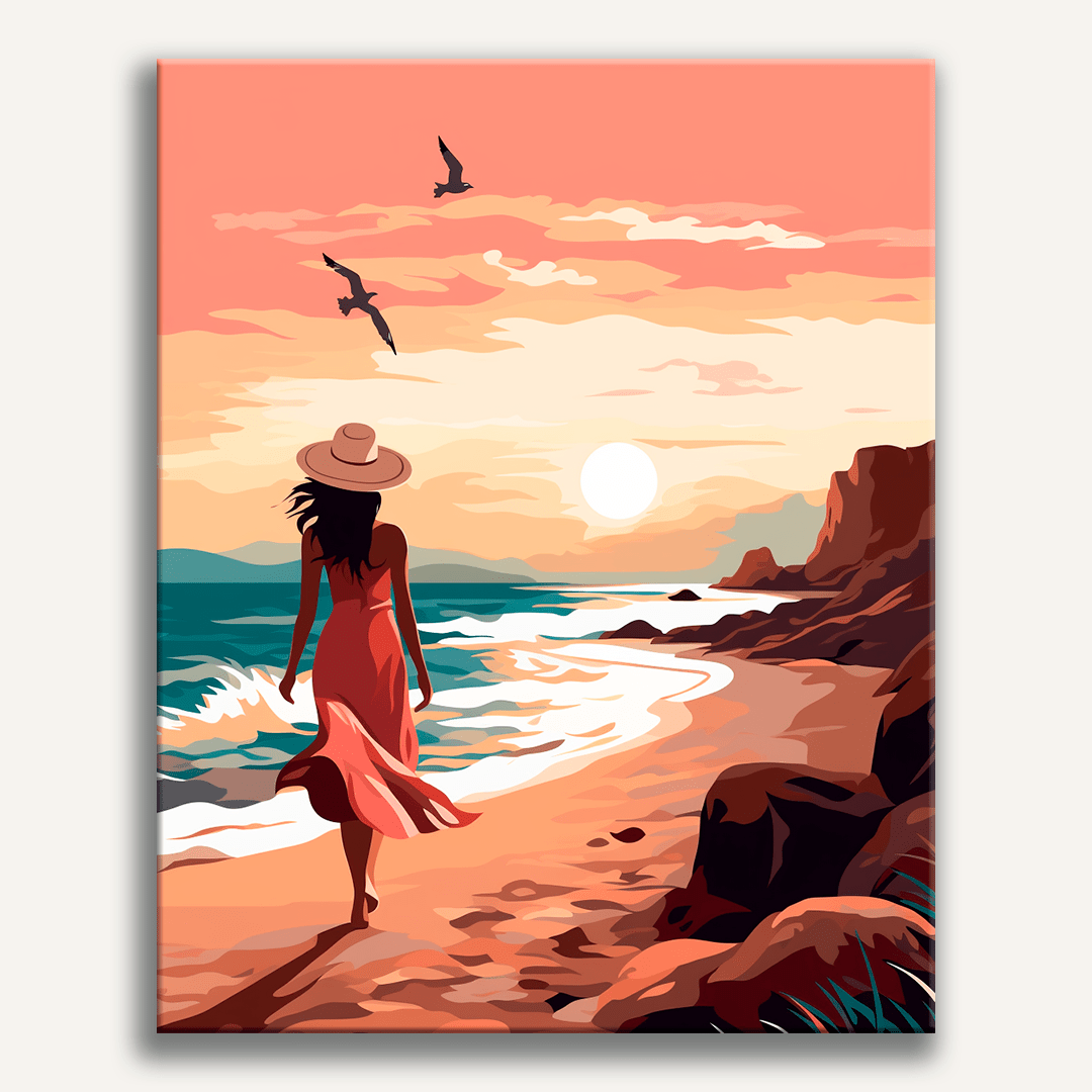 An illustration features a young woman walking along a sandy beach towards the sea at sunset.