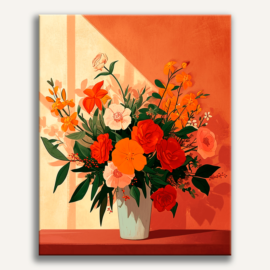 A vibrant bouquet of flowers with various hues of red, yellow, and orange blooms is the main focus.