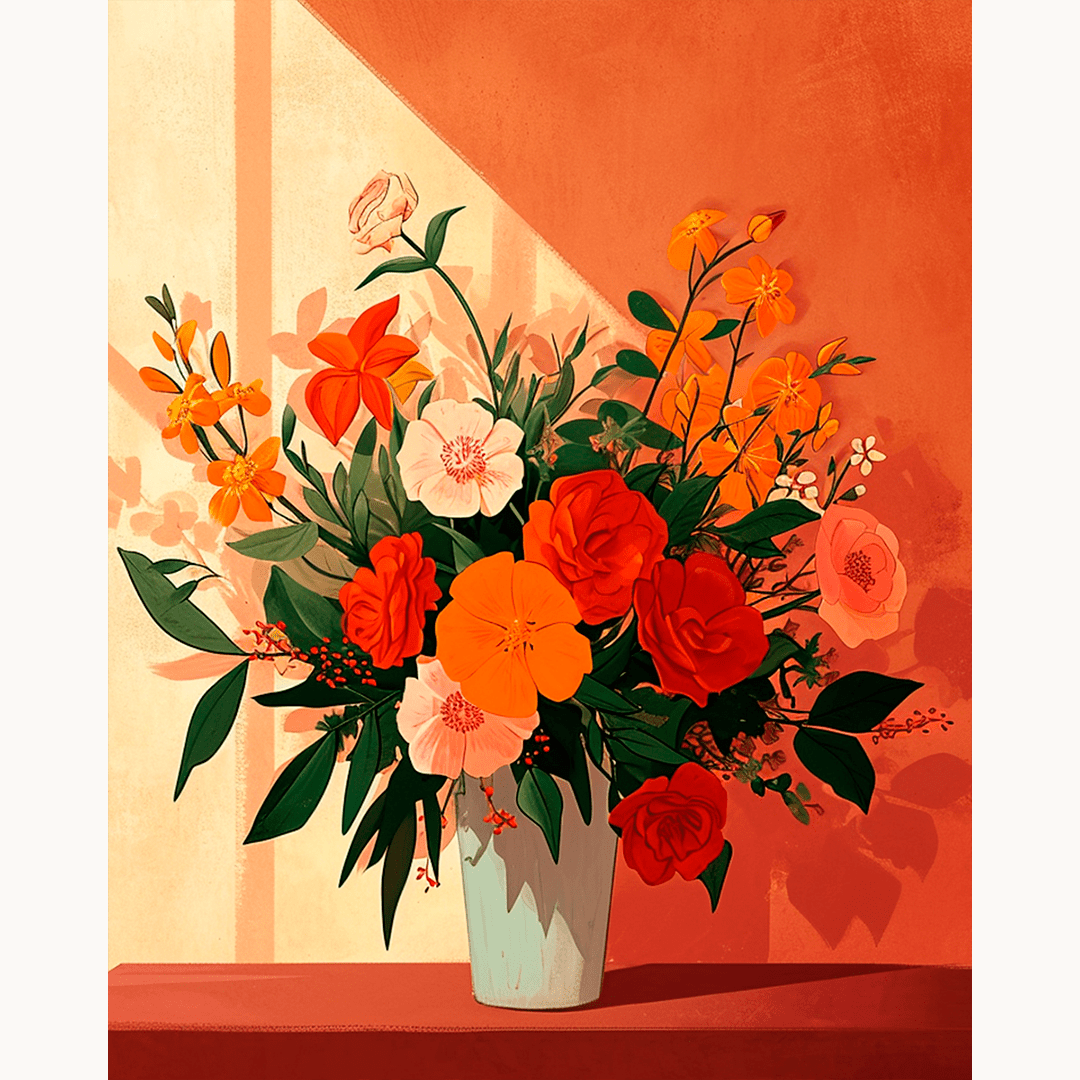 A vibrant bouquet of flowers with various hues of red, yellow, and orange blooms is the main focus.