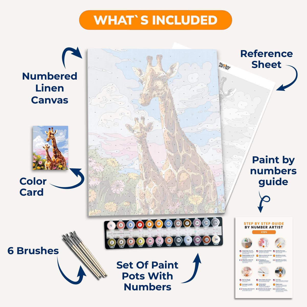 The image features a mother and baby giraffe standing together on what appears to be an island or a floating platform, surrounded by a vibrant, floral landscape.