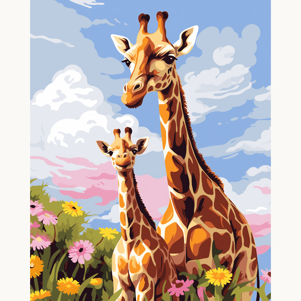 The image features a mother and baby giraffe standing together on what appears to be an island or a floating platform, surrounded by a vibrant, floral landscape.
