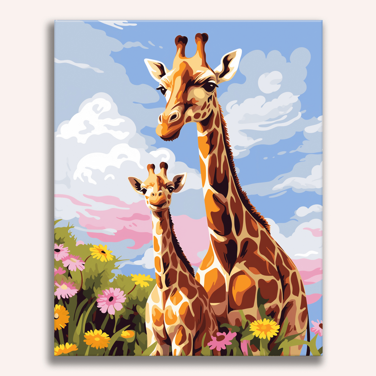 The image features a mother and baby giraffe standing together on what appears to be an island or a floating platform, surrounded by a vibrant, floral landscape.