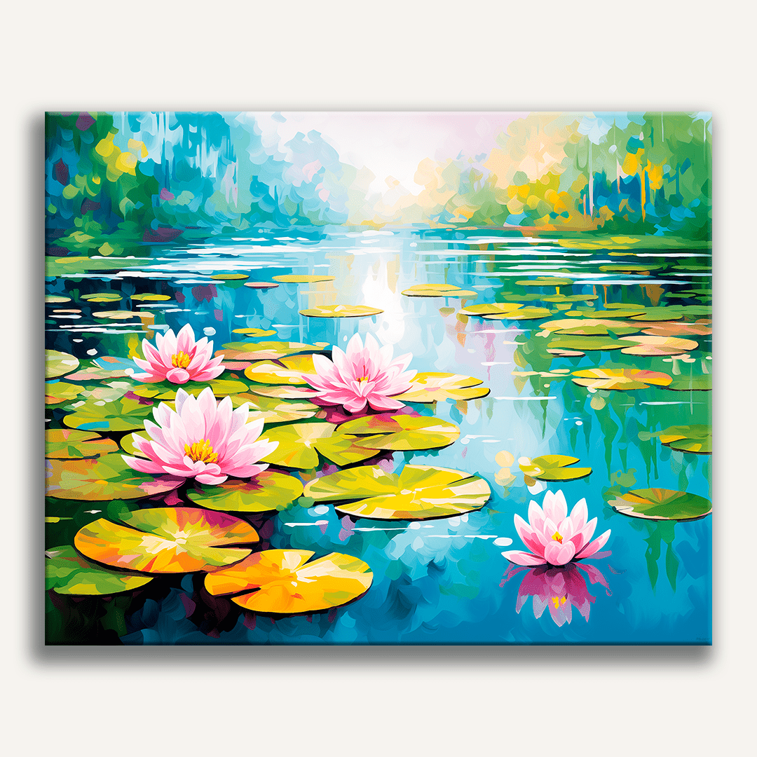 A vibrant canvas print showcases a serene landscape where lotus flowers bloom on a tranquil pond, framed by a backdrop of verdant trees and bushes under a clear sky..